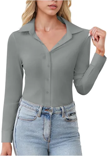 Vista 9 de Womens Stretch Button Down Shirts Slim Fit Long Sleeve Dress Shirt Wrinkle Free Collared Business Work Casual Blouse
