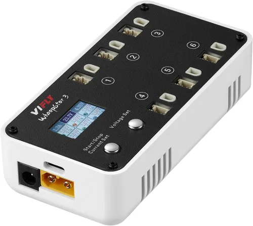 Vista 8 de VIFLY WhoopStor V3 6 Puertos 1S LiPo Cargador de almacenamiento de batería y descargador con pantalla LCD Pequeño cargador Whoop con conectores