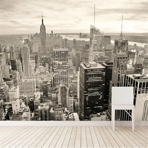 Vista 3 de Murales de pared 3D de ciudad en blanco y negro, papel tapiz de arquitectura retro, murales panorámicos extraíbles, adecuado para decoración