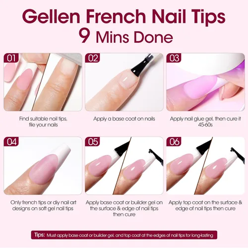 Vista 6 de Gellen Uñas postizas a presión con punta francesa de almendra, color rosa
