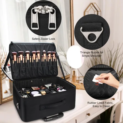 Vista 8 de MONSTINA Estuche de tren de maquillaje rodante, estuche de cosmetología sobre ruedas, bolsa de maquillaje para artista, cosméticos profesionales