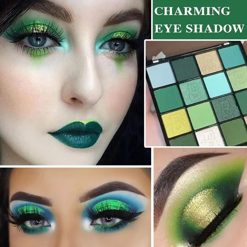 Vista 2 de Paleta de sombra de ojos verde brillante de 16 colores, paleta de sombra de ojos metálica mate impermeable, paleta de sombra de ojos altamente