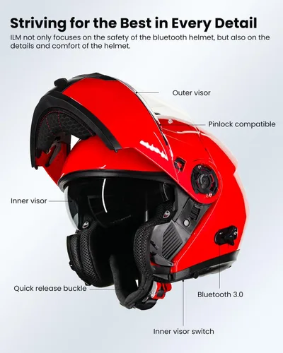 Vista 6 de ILM - Casco de motocicleta con Bluetooth modular, intercomunicación para 2-3 conductores, abatible, de cara completa, con doble visera, aprobado por