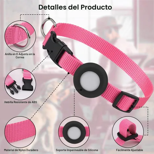 Vista 2 de Collar ajustable para AirTag con hebilla duradera de cierre rápido, collar de nailon de imitación con soporte impermeable para AirTag Apple
