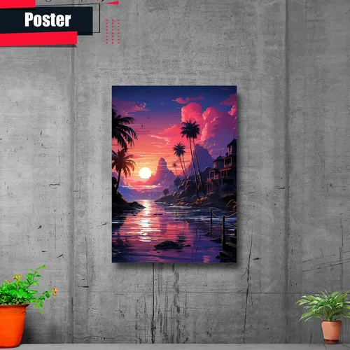 Vista 2 de Neon Sunset Vibes Florida Synthwave Sunset Framed poster Print, Retro Miami Style Wall Art, Decor poster, Art Decor