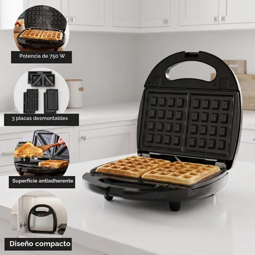 Vista 2 de OVENTE Sandwichera eléctrica 3 en 1, placas antiadherentes de 750 W, negro GPI302B Plateado negro