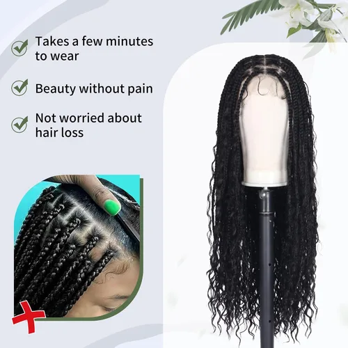 Vista 8 de Alebery Pelucas Trenzadas de Caja Bohemias Sin Nudos de Encaje Frontal HD 13X8 para Mujeres Negras Pelucas de Trenzas de Caja Bohemias con Rizos