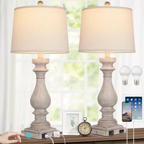 Vista 9 de Rinweey - Lámpara de mesa de granja de 29" para sala de estar, lámpara de mesita de noche vintage con puertos USB C+A y salida de AC, lámpara