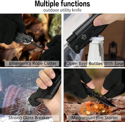 Vista 5 de Cuchillo de bolsillo militar EDC de 8.5 pulgadas para exteriores, 7 en 1, cuchillos plegables multifunción con iniciador de fuego, cortador de Negro