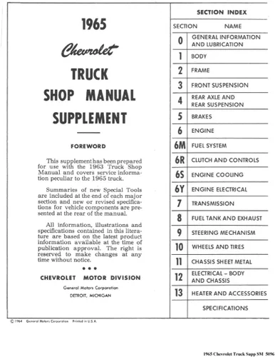 Vista 2 de 1965Chevy Pickup Truck Shop Servicio Manual de reparación libro Motor eléctrico