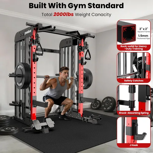 Vista 2 de pooboo Power Cage Smith Machine with 2000LB Squat Rack Cable System LAT Pulldown and Dual Pulley Cable Crossover with All-in-One Home Gym Machine