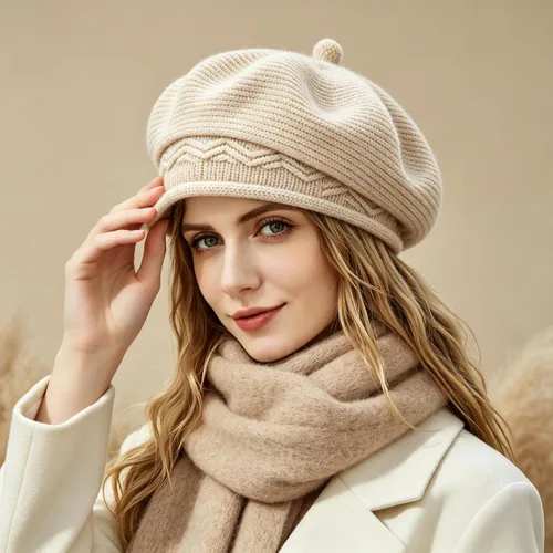 Vista 5 de Sombrero boina para mujer, estilo francés, forro de lana cálido, boina de invierno, moda, gorro tejido de punto Beige