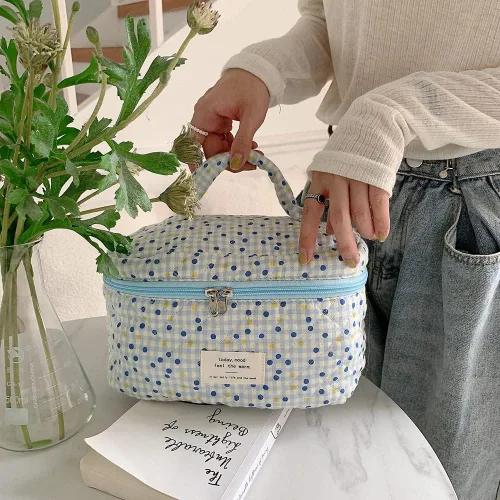 Vista 4 de Bolsa de cosméticos de viaje, bolsa de maquillaje de algodón, bolsa de aseo acolchada con hermoso patrón floral, bolsa de cosméticos de gran