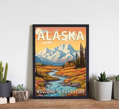 Vista 2 de Póster artístico de Alaska, decoración artística de paisaje retro de Estados Unidos, pintura de montaña y paisaje de aventura para dormitorio, sala