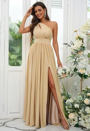 Vista 5 de VCCICANY Women's One Shoulder Bridesmaid Dress with Slit Long Pleated Chiffon Prom Gown