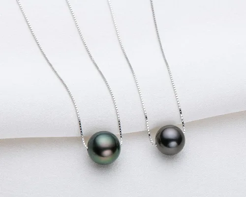 Vista 3 de 18K Gold Tahitian Black Pearl Necklace for Women, 10-11mm Tahitian Seawater Cultured Floating Single Pearl Pendant with Sterling Silver Chain