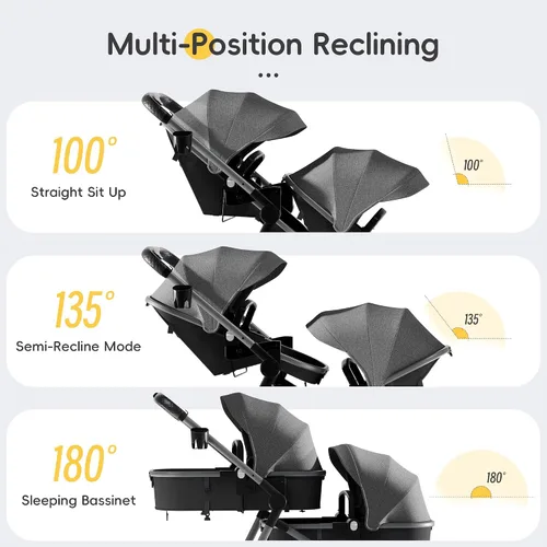 Vista 3 de MU Cochecito doble, cochecito plegable en tándem doble con respaldo ajustable, asiento reversible, arnés de 5 puntos, canasta de almacenamiento Gris