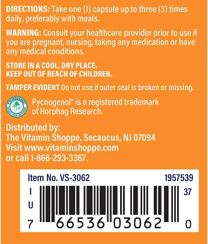 Vista 3 de The Vitamin Shoppe Pycnogenol 50mg - Antioxidante que apoya la salud cardiovascular, de la piel y celular (90 cápsulas)