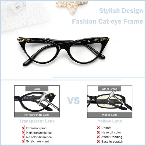 Vista 4 de GUD 3 pares de anteojos de lectura estilo ojo de gato para mujer (negro/tortuga/morado transparente)