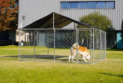 Vista 7 de Caseta para Perros al Aire Libre, Jaula Resistente para Perros, Casa para Mascotas con Malla, Jaula Grande para Perros, Valla de Acero con Cerradura