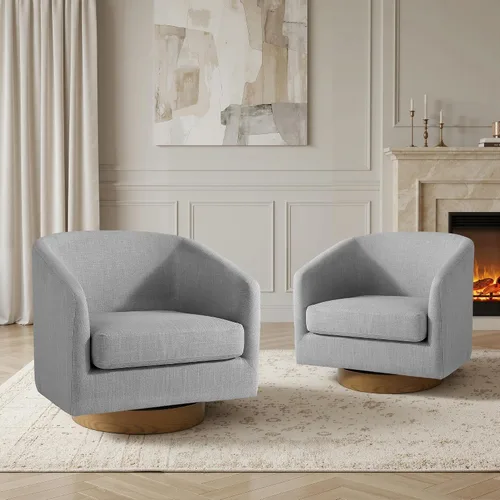 Vista 37 de Silla Giratoria de Acento de Cuero Sintético con Base de Madera, Sillas de Barril Tapizadas Modernas para Sala de Estar, Cómodo Sillón Redondo Sofá