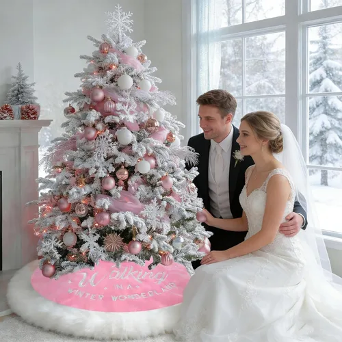 Vista 5 de yuboo Falda de árbol de Navidad rosa, 36 pulgadas de piel sintética de lujo con copos de nieve bordados, alfombra de árbol rosa rubor para árbol
