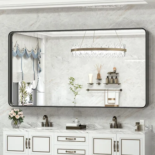 Vista 97 de TokeShimi Espejo de pared de baño de níquel cepillado de 20 x 30 pulgadas, marco de metal, esquina redonda, rectangular, para decoración del hogar