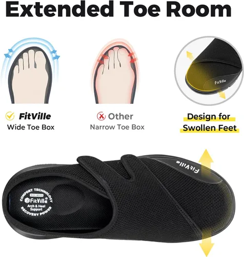 Vista 2 de FitVille Zapatos para diabéticos para hombre, sin cordones, para pies hinchados, extra anchos, ajustables, zapatos para caminar para fascitis