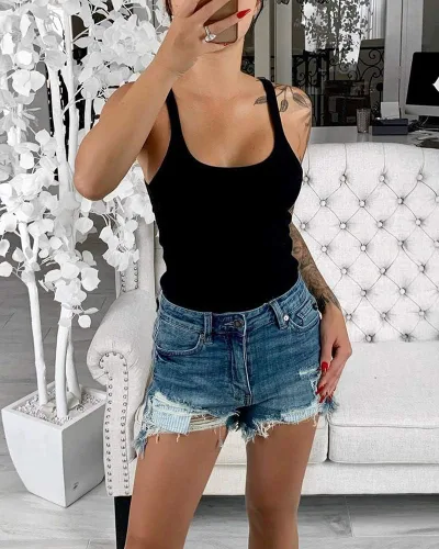 Vista 2 de Ivay Camisetas sexy de verano para mujer, cuello redondo, sin mangas, de algodón acanalado, básicas, casuales, de entrenamiento