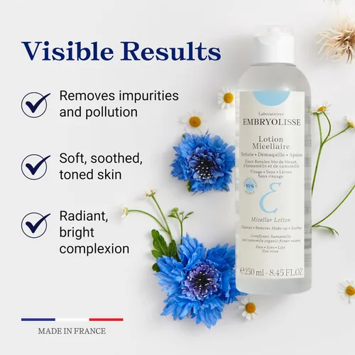 Vista 3 de Embryolisse Loción micelar removedor de maquillaje para pieles sensibles, limpieza suave y tonificante agua floral con manzanilla, aciano
