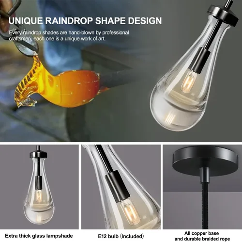 Vista 7 de Luces Colgantes Modernas en Forma de Gota de Lluvia Juego de 2, Luces Colgantes de Bronce para Isla de Cocina, Luz Colgante Negra Luces de Isla