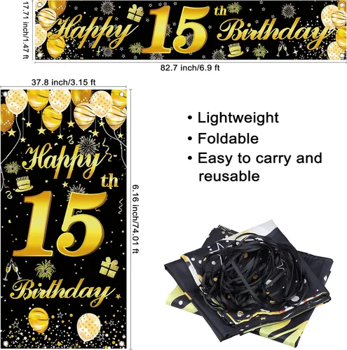 Vista 2 de Cartel para puerta de cumpleaños número 15, decoraciones de cumpleaños para hombres, decoración de fiesta de cumpleaños, telón de fondo de cumpleaños