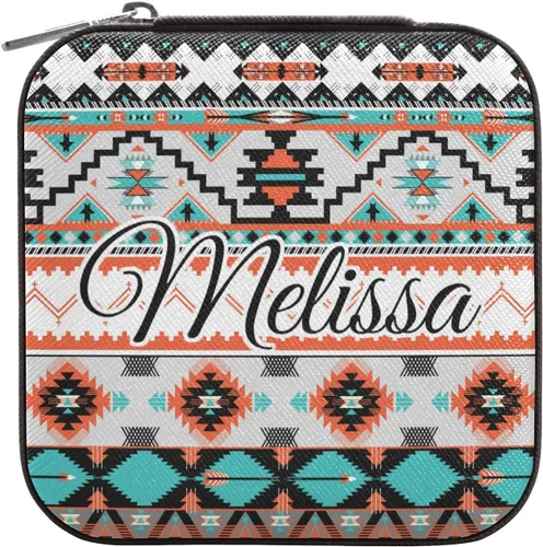 Vista 2 de Joyero de viaje personalizado con patrón azteca, de piel sintética, caja de joyería portátil personalizada, organizador de joyas de viaje, pequeña