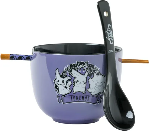 Vista 37 de Silver Buffalo Pokemon Spring Flowers con Pikachu, Bulbasaur, Squirtle y Charmander Tazón de cerámica para fideos ramen y arroz con palillos, apto