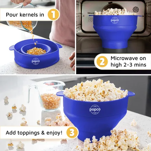 Vista 5 de POPCO Palomitas de maíz de silicona para microondas con asas, para hacer palomitas de maíz, para microondas, cuenco plegable, apto