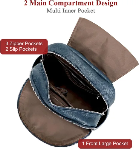 Vista 6 de ALTOSY Mochila de cuero para mujer, bolso casual de moda con múltiples bolsillos y solapa, Azul índigo, Viajar
