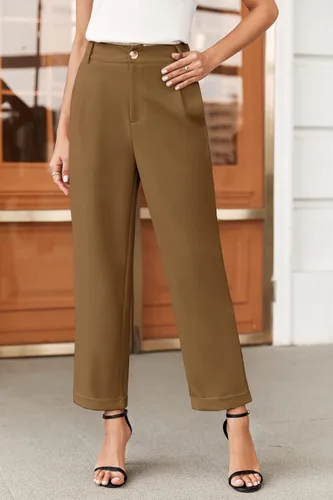 Vista 2 de Febriajuce Pantalones de vestir de cintura alta elástica para mujer, pantalones de trabajo plisados con botones, pantalones de trabajo de pierna