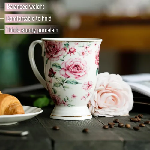 Vista 5 de BTT- Tazas de café grandes, 12 onzas, juego de 4, tazas florales para tazas de café, porcelana de porcelana, taza de té