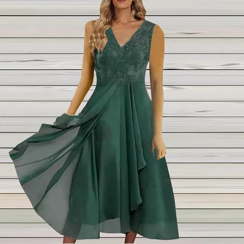 Vista 2 de perfectbot Women's 2023 Summer Casual Loose Sexy Chiffon Mesh Spliced Waist Wrapped Dress Sleeveless V-Neck Dress