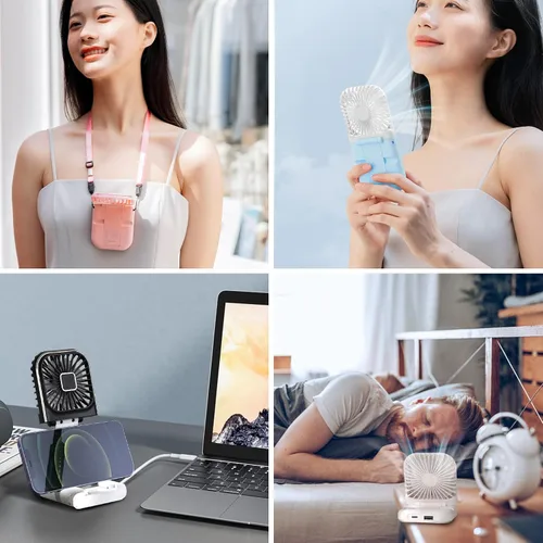 Vista 6 de Ventilador portátil recargable, mini ventilador de mano de 3000 mAh, funciona con pilas, pequeño ventilador de escritorio para oficina, exterior e