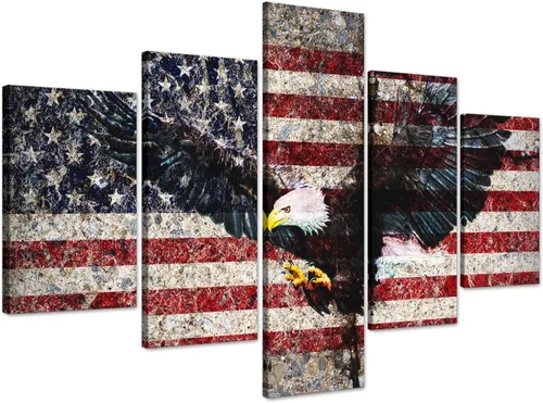 Vista 19 de Cuadros decorativos para pared de sala de estar, impresión en lienzo, retro, vintage, bandera estadounidense estadounidense y pintura moderna