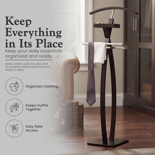 Vista 6 de Kings Brand Furniture Soporte de valet curvo para trajes, perchero, organizador de ropa, colgador de chaqueta, cromo/nogal