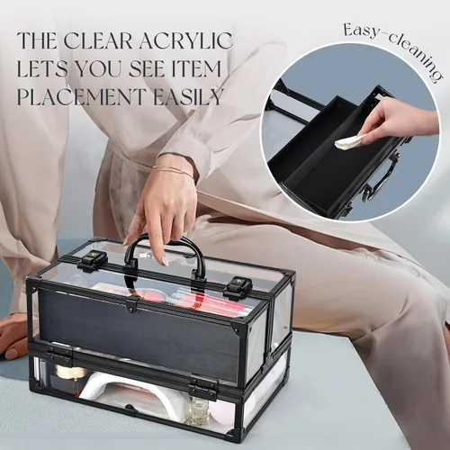 Vista 3 de FRENESSA Estuche de maquillaje portátil para cosméticos, caja organizadora de artículos de tocador, estuche de acrílico transparente para artistas