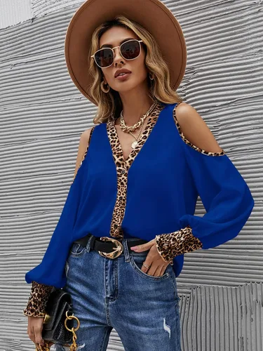 Vista 5 de Romwe Blusa de manga abombada con cuello en V y hombros descubiertos para mujer