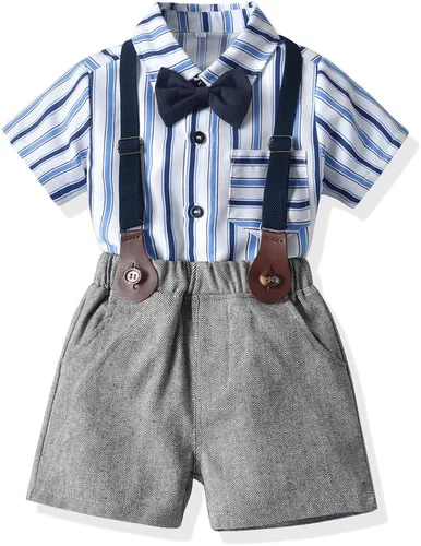 Vista 2 de JMOORY Conjunto de ropa para bebé y niño, manga corta, con lazo y tirantes cortos para caballero
