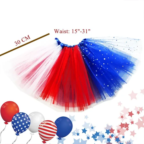 Vista 3 de Tutú de estrella para niñas del 4 de julio, vestido de estrella roja, blanca y azul, falda tutú de bandera estadounidense, decoración de fiesta
