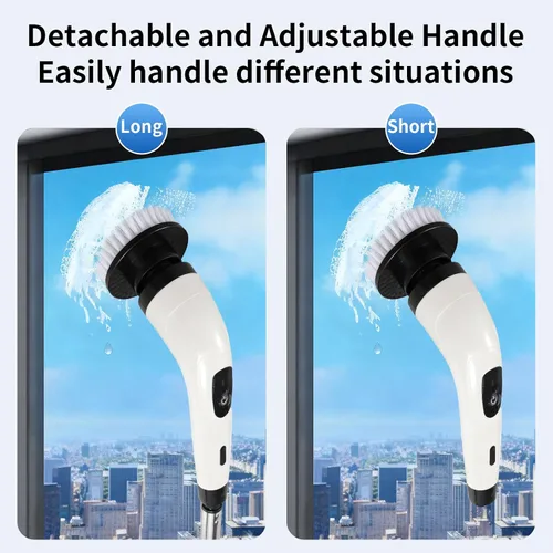 Vista 2 de Limpiador eléctrico recargable giratorio, limpiador eléctrico impermeable con 7 cabezales de cepillo, 1 escobilla de ventana, mango largo ajustable