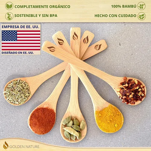 Vista 5 de Juego de cucharas de bambú (5 unidades), cucharaditas de cocina pequeñas, pequeñas cucharas de madera perfectas para azúcar, especias, condimentos