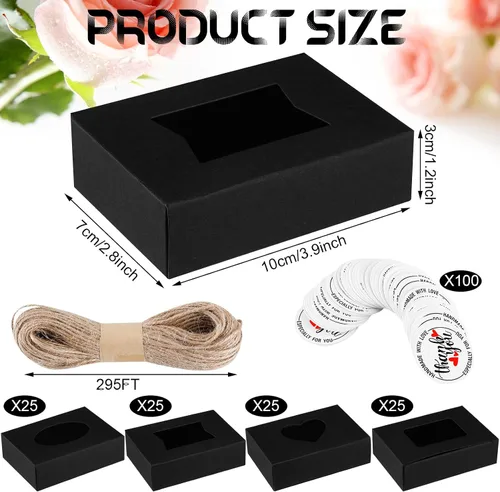 Vista 2 de Kosiz Paquete de 100 cajas de jabón Kraft con ventanas transparentes, 4 diseños de ventanas, kit de recuerdos de fiesta con etiquetas y cuerda, Negro