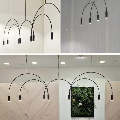 Vista 4 de Líneas geométricas nórdicas forma arqueada colgante de luz altura ajustable lámpara de metal iluminación negro oro moderno lámpara colgante